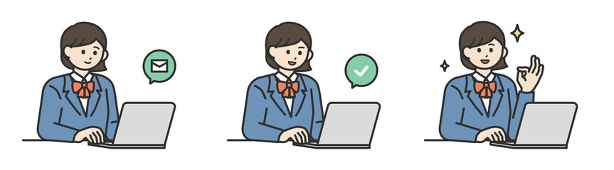 PCを操作して登録する学生の女の子のイラスト素材セット