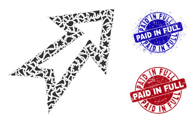 Round PAID IN FULL grunge rubber prints with text inside round forms, and shard mosaic arrow right up icon. Blue and red stamps includes PAID IN FULL tag. Arrow right up mosaic icon of shard parts.