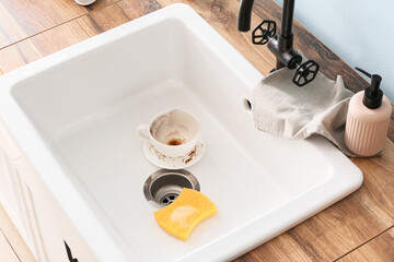 Ceramic sink with dirty cup and cleaning sponge near blue wall