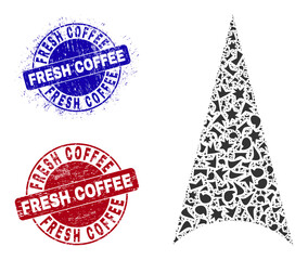 Round FRESH COFFEE grunge stamp seals with tag inside round forms, and shatter mosaic arrowhead up icon. Blue and red stamp seals includes FRESH COFFEE title.