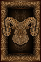 Aries zodiac sign. Faded gold stylized illustration of a ram casting a shadow on a wooden painted 3D frame. Brown haired horned sheep on background wall with golden ornament.