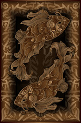 Pieses zodiac sign. Faded gold stylized illustration of a fish casting a shadow on a wooden painted 3D frame. Two brown carps on the wall with on background wall with golden ornament.
