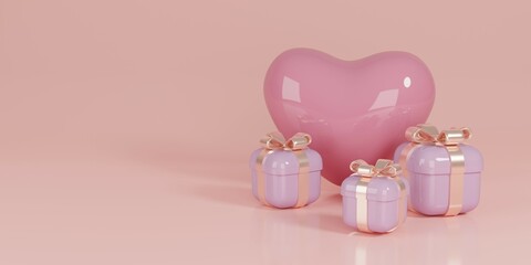 Happy Valentines day pink background with love hearts balloons and gift boxes. 3D illustration