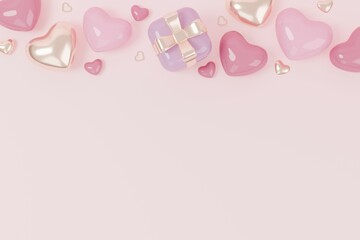 Fototapeta na wymiar Happy Valentines day pink background with love hearts balloons and gift boxes. 3D illustration