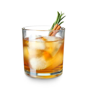 Glass Of Delicious Old Fashioned Cocktail On White Background