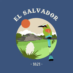 VECTORS. El Salvador, torogoz bird, turquoise-browed motmot, nature, fauna, national symbols, national flower, patriotic, travel, tourism