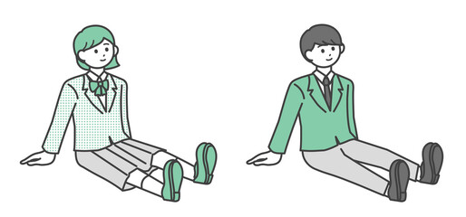 地べたに座っている学生の男の子と女の子のイラスト素材セット