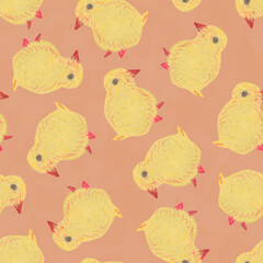 Hand Drawn Seamless Pattern With Little Yellow Chick.