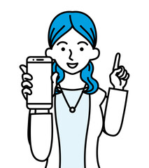 スマホを持ちながら指を差す若い女性