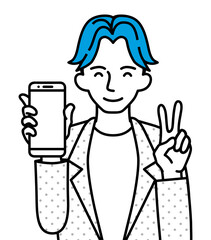 ピースサインをしてスマートフォンを持つ若い男性
