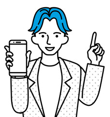 スマホを持ちながら指を差す若い男性