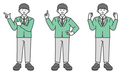 ポーズをとる男子学生の全身イラスト素材セット