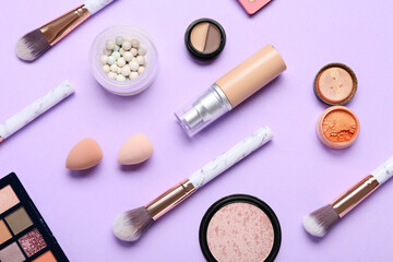 Cosmetic products for International Women's Day celebration on purple background