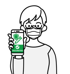 Senior woman grabs a cell phone which displayed vaccine passport