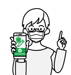 Senior woman grabs a cell phone which displayed vaccine passport, pointing by an another hand