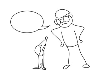 The man is not happy with his dog. The owner scolds the dog. Vector doodle drawing. Linear sketch drawn by hand.