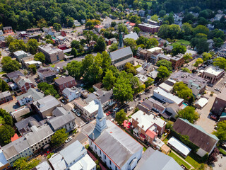 Fototapeta premium Aerial top view roofs of single family homes, the historic small town Lambertville in New Jersey US