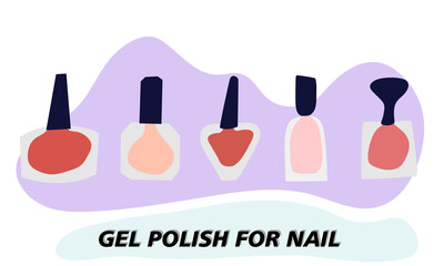 A set of jars with gel nail polish. Transparent jar, colored varnish is visible through the glass. Objects and materials for a beauty and fashion salon. Vector illustration.