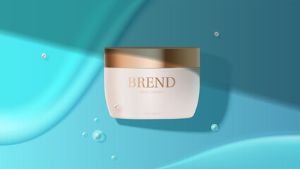 Jar of cosmetic cream. Cosmetic product covered shadow on blue background.