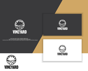 Landscape with vineyards, villas, trees. Outline vector illustration of a rural landscape. Trendy concept for wine list, bar or restaurant menus,