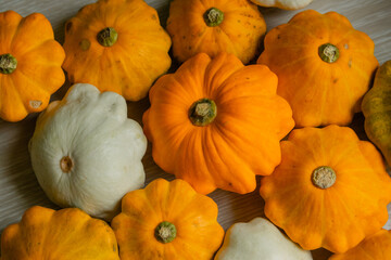 Squash lies on a yellow background. Orange pumpkin patissons lie on the table for the autumn season.