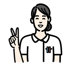 笑顔でピースサインをしている白衣を着た若い女性