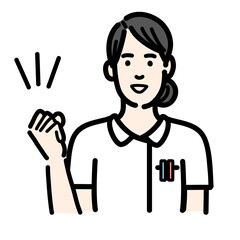 笑顔でガッツポーズをしている白衣を着た若い女性