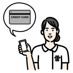スマートフォンを持ってクレジットカードの説明をしている白衣を着た若い女性