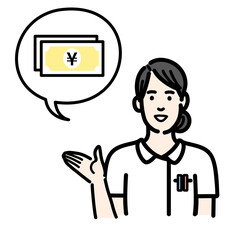 お金の説明をしている白衣を着た若い女性
