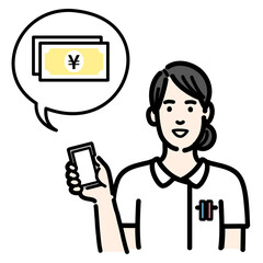 スマートフォンを持ってお金の説明をしている白衣を着た若い女性