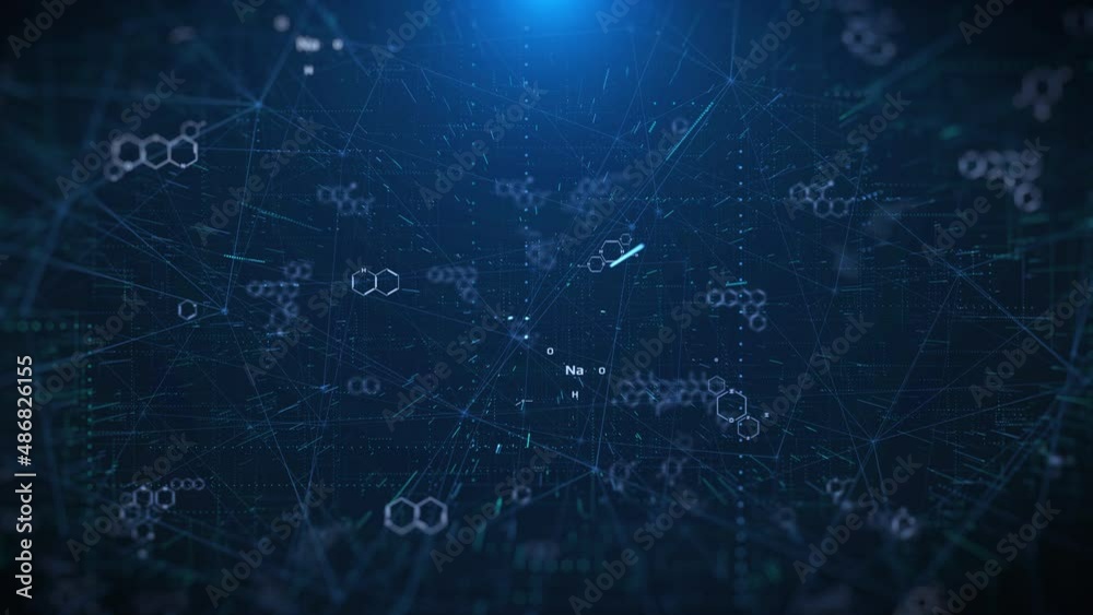 Poster Abstract Technology Chemical Molecule Symbols Wiggle System Monitoring Display. Network Line Connection Digital Data Copy Space 4K Motion Background.