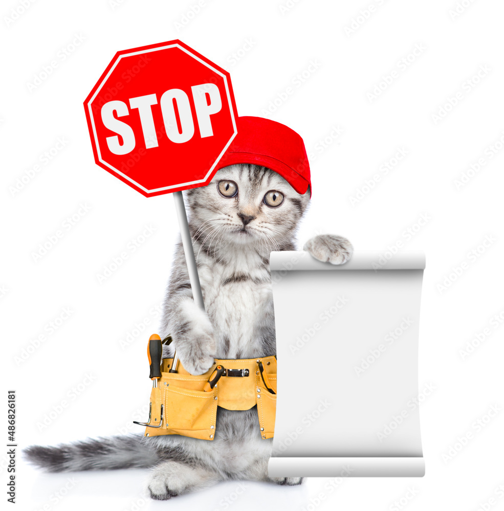 Aufkleber funny kitten wearing red cap and tool belt showing stop sign. isolated on white background