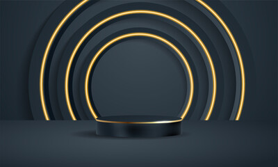 Naklejka premium Realistic elegant luxury 3D rendering dark blue cylinder minimal scene geometric platform podium product display background with golden shine for Presentation, Showcase, Cosmetic, Pedestal Scene.