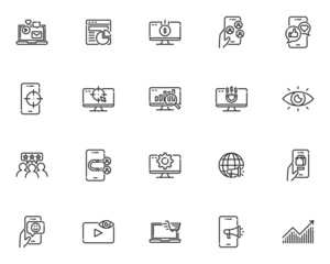 set of marketing line icons, customer feedback, advertise
