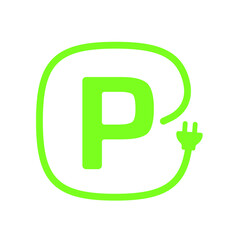 Letter P plug pictogram, Green electric car parking icon, Electric vehicle charging station sign, Parking place for Eco friendly electric and hybrid cars, Vector illustration