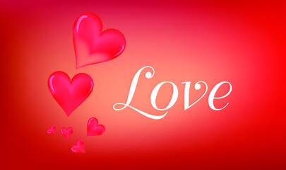 red vector heart shape on abstract red background with love text