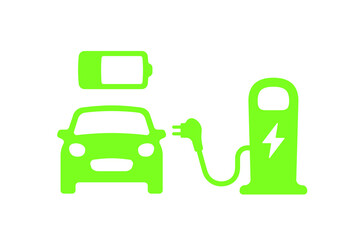 Electric car graphic icon. Car charging station with plug icon in trendy flat style. Electrical charging station green symbol. Renewable eco technologies. Vector illustration. Battery charging icons