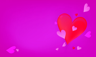 vector red hearts in 3d format and paper hearts blown around on a dark pink background