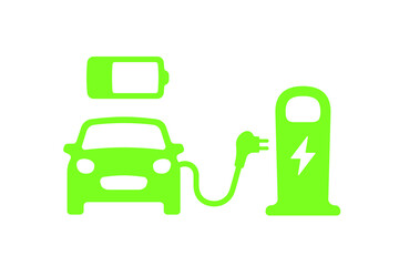 Electric car with plug graphic icon. Car charging station icon in trendy flat style. Electrical charging station symbol. Renewable eco technologies. Vector illustration. Battery charging grades icons