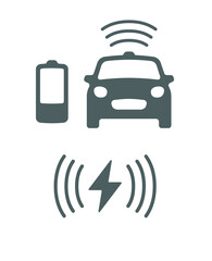 Wireless battery charging vehicle power station icon. Electric car charging illustration isolated. Green Electric  battery refilling point vector symbol. Renewable eco technologies. Vector layouts