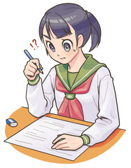 テストを受け難題に当たる女子学生(アニメタッチ)