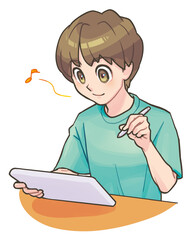 タブレットで勉強する男子学生(アニメタッチ)