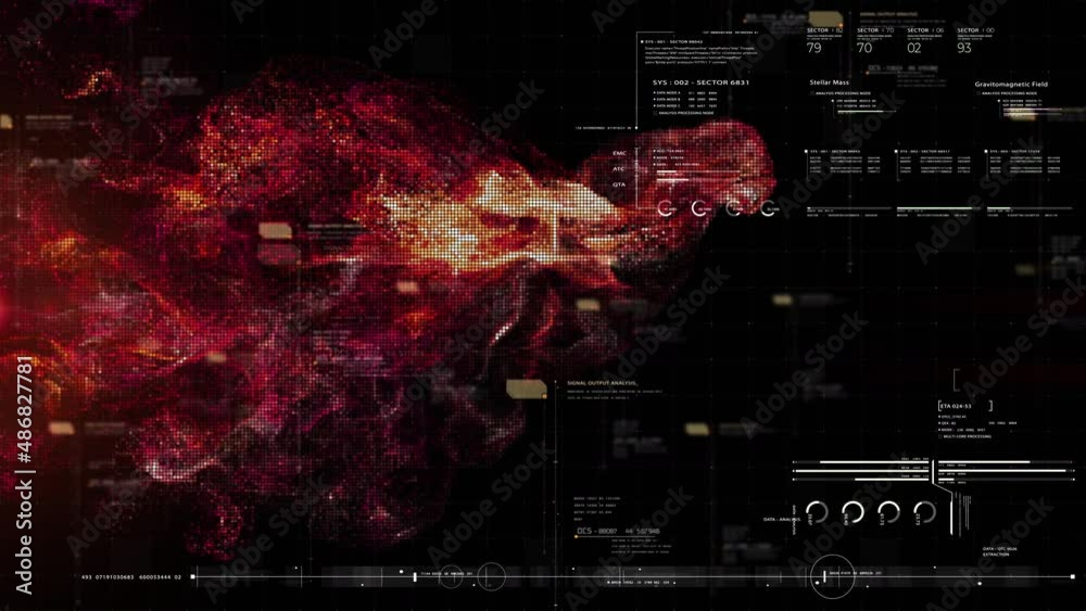 Leinwandbilder Abstract de-focus flowing matrix data, telemetry and encrypt numbers display with exploding particles simulation for head up display in cyber space environment loop background