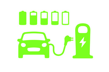 Electric car with plug graphic icon. Car charging station icon in trendy flat style. Electrical charging station symbol. Renewable eco technologies. Vector illustration. Battery charging grades icons