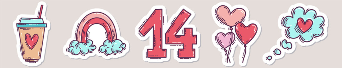 Set of Valentine's Day hand-drawn doodle stickers with simple engraving effect. Romantic mood cute love symbols and elements collection.