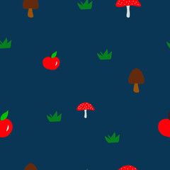 Kids seamless pattern with apple and mushrooms