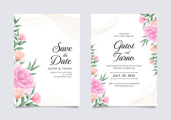 Wedding invitation template with colorful bouquet of plants and roses