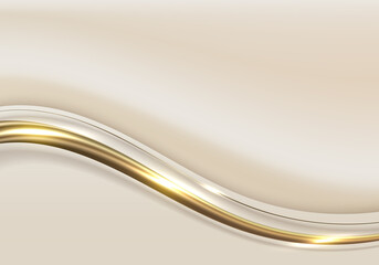 Abstract elegant white and brown wave shape with 3D golden curved lines rounded and light sparking on clean background