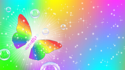 Obraz na płótnie Canvas Bright festive sparkling love poster. Cartoon rainbow butterfly, stars, sparks and bubbles on a background of colored gradient