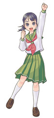 元気にガッツポーズをとる女子学生(アニメタッチ)